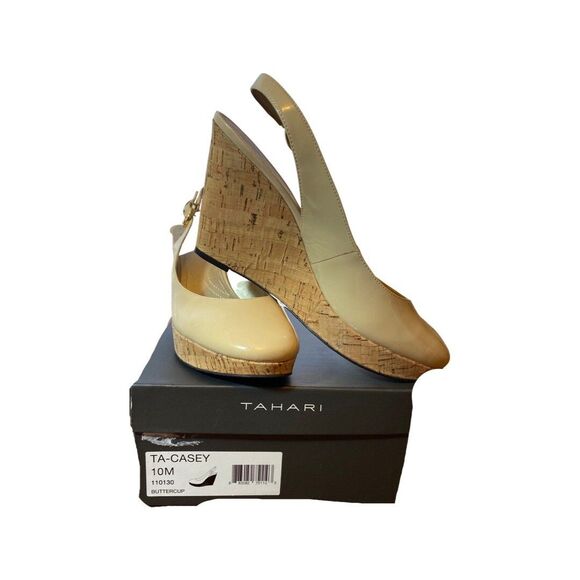 Tahari Casey Buttercup (tan/beige) Patent Leather Cork Wedge Heel Women Size 10 - Picture 1 of 6